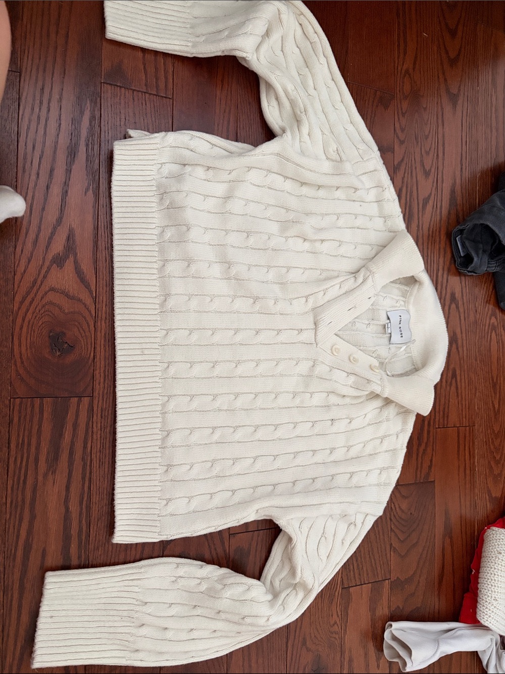 Pink Rose Off-White Cable Polo Cardigan